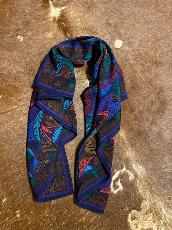 Perry Ellis Accessories - 100% Wool Perry Ellis Geometric Print Scarf in Blue, Teal, Purple & Red, Japan